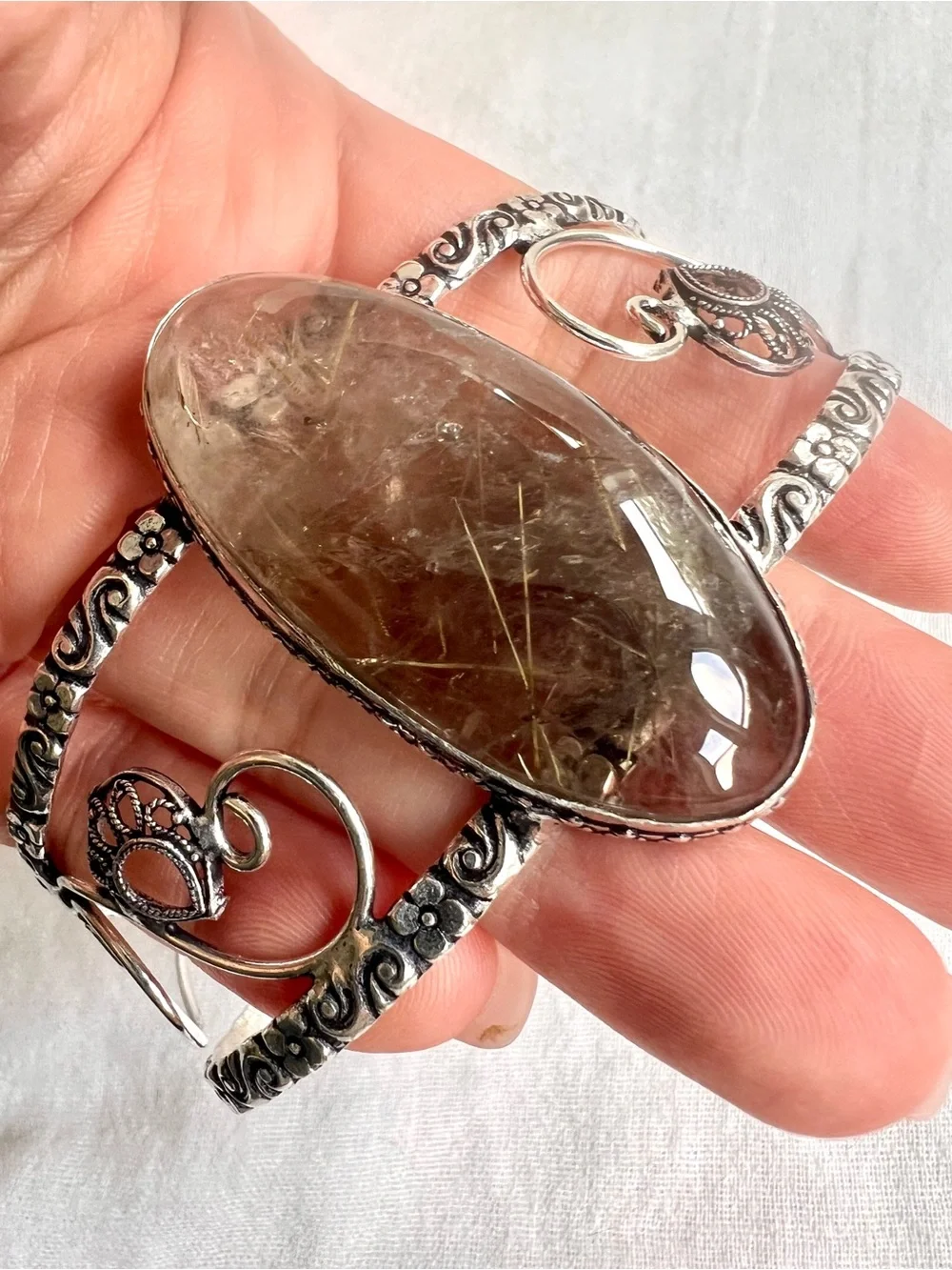 925 Divine Light! GOLDEN Rutile Rutilated SMOKY Quartz Cuff Bracelet